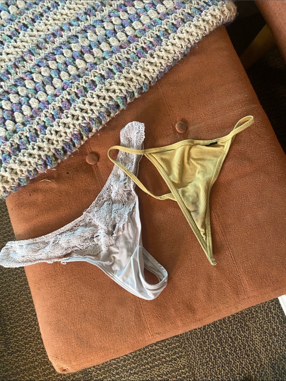 PINK Victoria's Secret White Lace & Pale Yellow Ribbed Thong Set